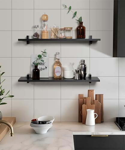 Gronda Black Floating Shelves for Wall 24 Inch Wall Mounted Wood Shelf Set of 2, Pine Solid Wood Modern Decor Shelf for Bedroom, Kitchen, Office, Living Room