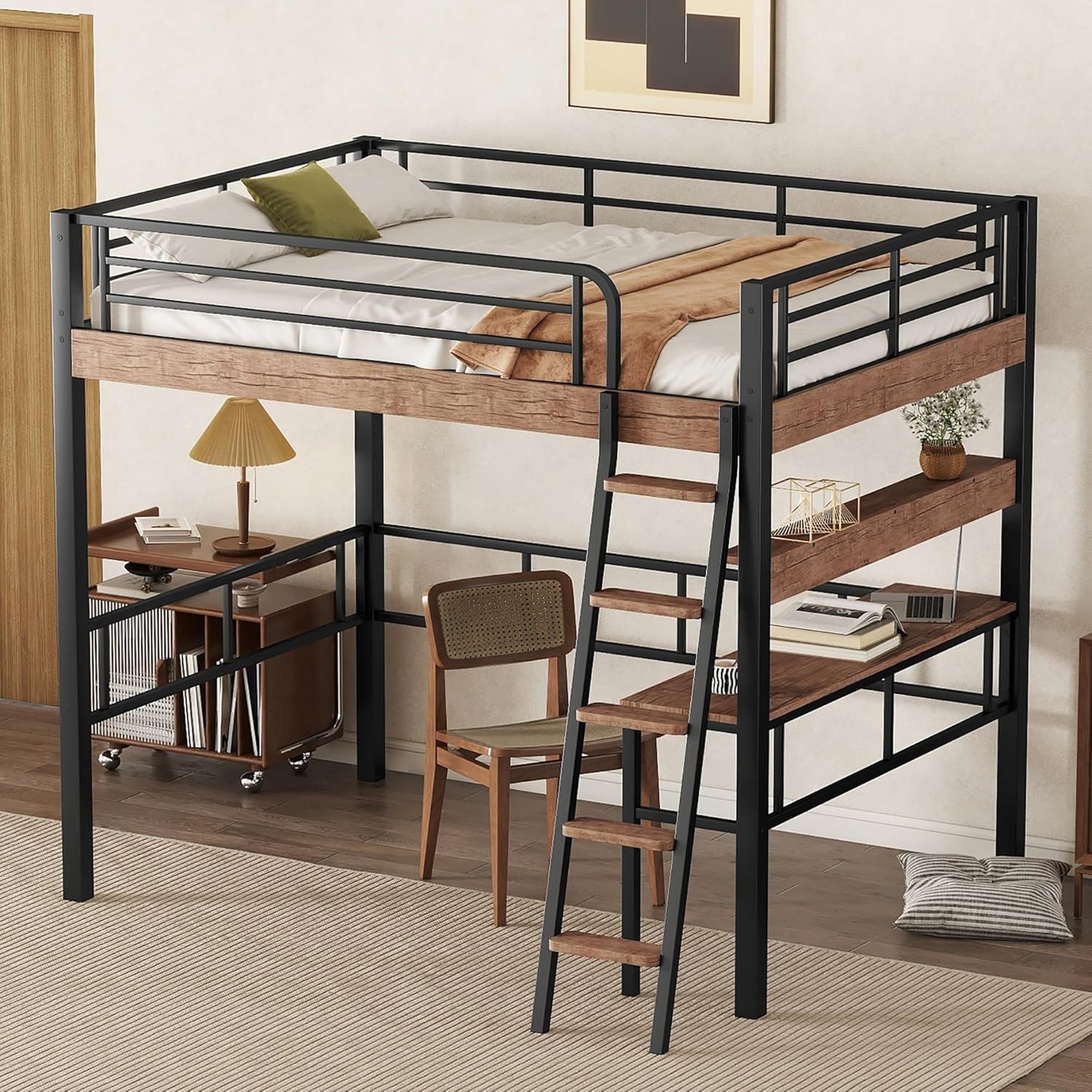 Metal Full Size Loft Bed with Desk, Storage Shelf, Ladder, Black 78.70x70.10x69.30 in.