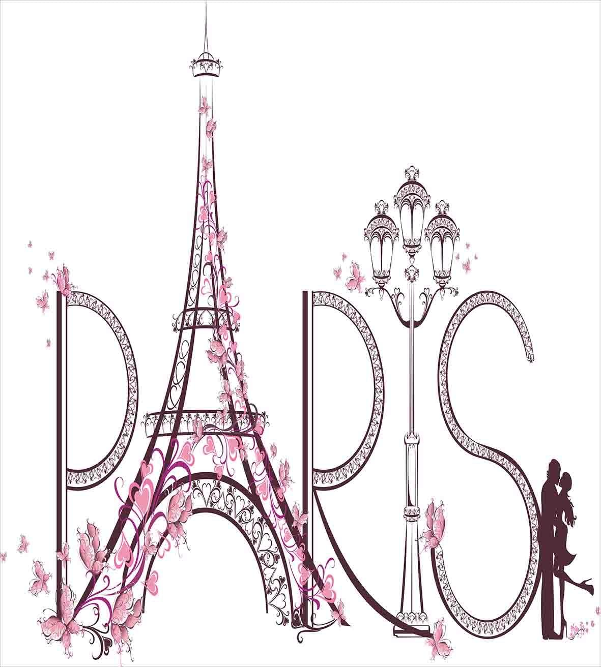 Ambesonne Paris Duvet Cover Set, Tower Eiffel with Paris Lettering Couple Trip Flowers Floral Design Print, Decorative 3 Piece Bedding Set with 2 Pillow Shams, Queen Size, Pink Plum