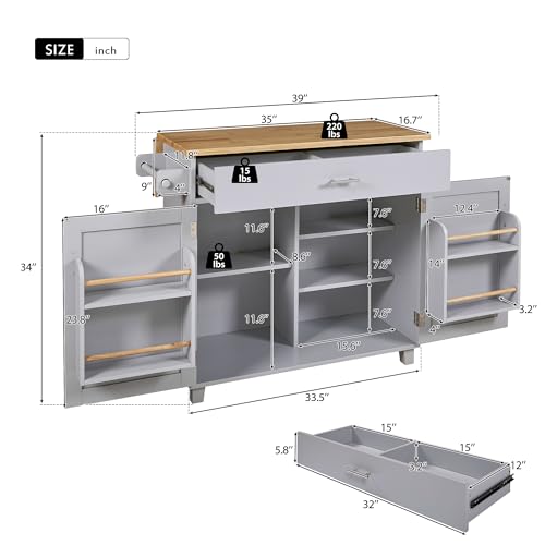 Kitchen Island On Wheels, Rolling Kitchen Carts with Drop Leaf Wooden Countertop and Storage Cabinet, Towel Rack, Wide Drawer for Dining Room/Living Room (White)