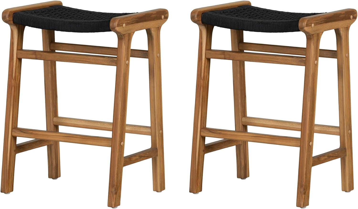 South Shore Balka Woven Rope and Teak Counter Stool, Set of 2, Black and Natural