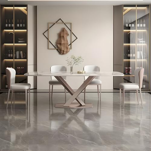 LITFAD Glam Dinette Table Set Modern Slate Top Restaurant Table and Chairs for 4 Metal Base Kitchen Dining Room Table Set 5 Pcs Dining Table Set for Home Restaurant - 5 Pieces: Table & 4 White Chairs