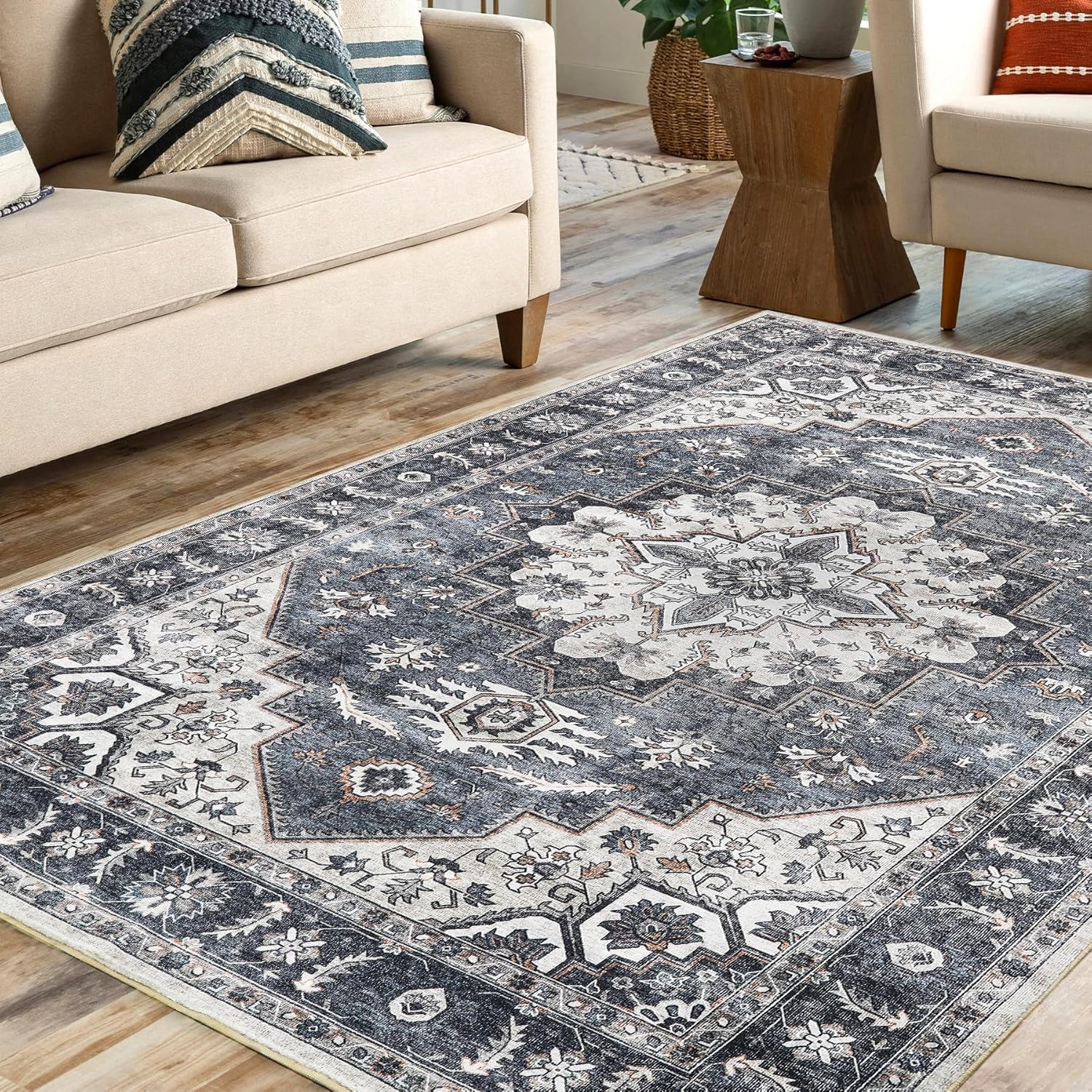 6x9 Area Rugs Washable Boho Rug, Non Slip Carpet for Living Room, Boho Vintage Design Rug, Foldable Soft Low-Pile Rug, Blue/Gray-brown