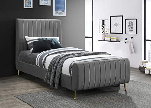 Meridian Furniture Zara Collection Modern | Contemporary Velvet Upholstered Bed with Deep Channel Tufting and Custom Gold Legs, Twin, Cream