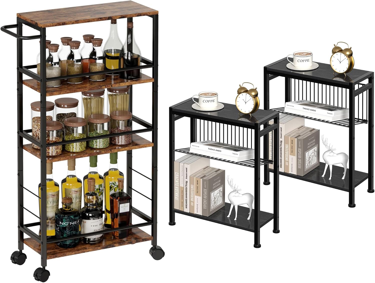 Small End Table Set of 2 for Small Space & 4-Tier Narrow Kitchen Storage Carts