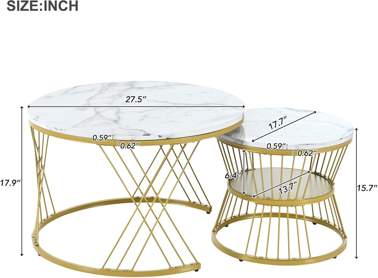 LUMISOL Round Nesting Coffee Table with Storage, Modern Coffee Table with Faux Marble Top & Metal Frame for Living Room, Small Spaces, Office, White and Gold
