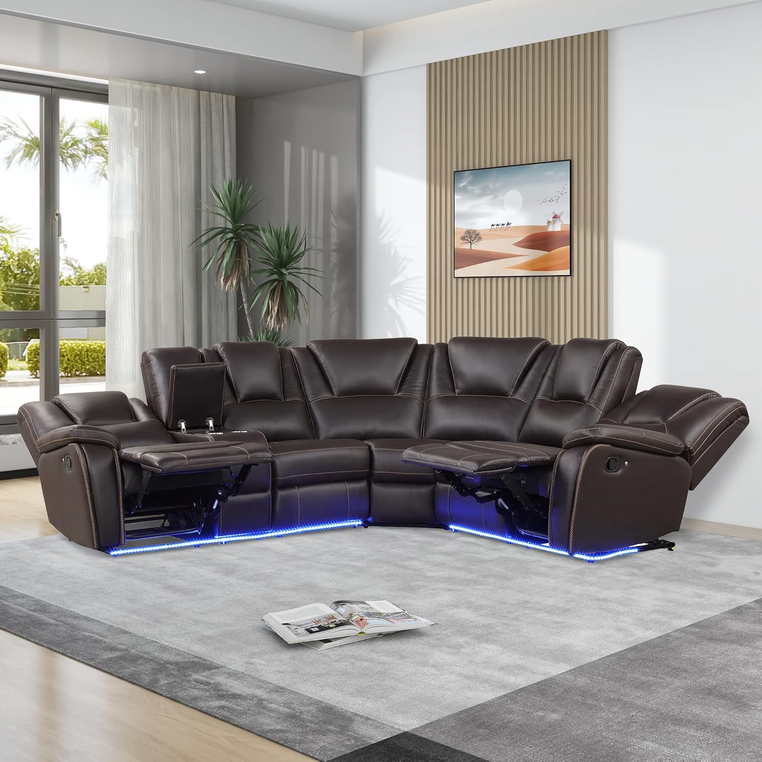 Power Reclining Sectional Sofa Chair Sofa-102 Motion Living Room Corner Cup Holder, Featuring Elegant Black PU Leather, Brown-A