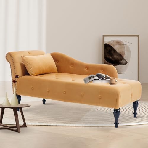 Modern Button Tufted Velvet Chaise Lounge, Upholstered Lounge Chair with Left Armrest and Lumbar Pillow Mini Chaise Longue Sofa with Nailhead Trim Lounge Sofa for Living Room Bedroom(Brown)