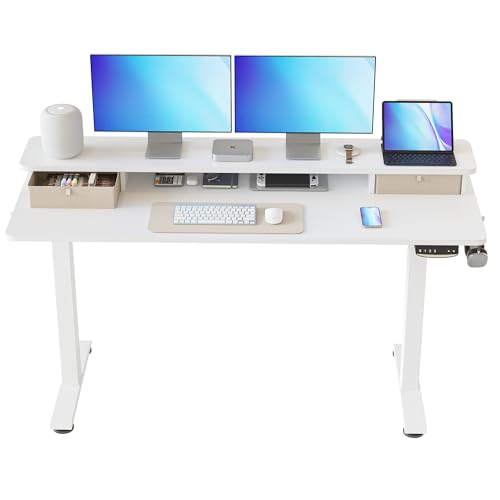 BANTI 60''x24''Standing Desk with Drawers, Adjustable Height Stand Up Desk with Storage Shelf, Sit Stand Home Office Desk with Splice Board, White Frame/White Top
