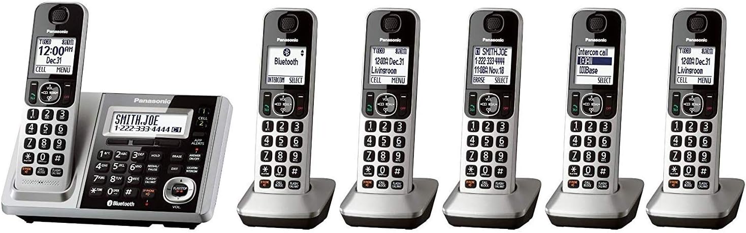 Panasonic KX-TGF375S + 1 KX-TGFA30S Handset (6 Handsets Total) Bluetooth Cordless Phone System with Dual Keypad (KX-TGF370S + 5, KX-TGF372S + 4, KX-TGF373S + 3, KX-TGF374S + 2) (Renewed)