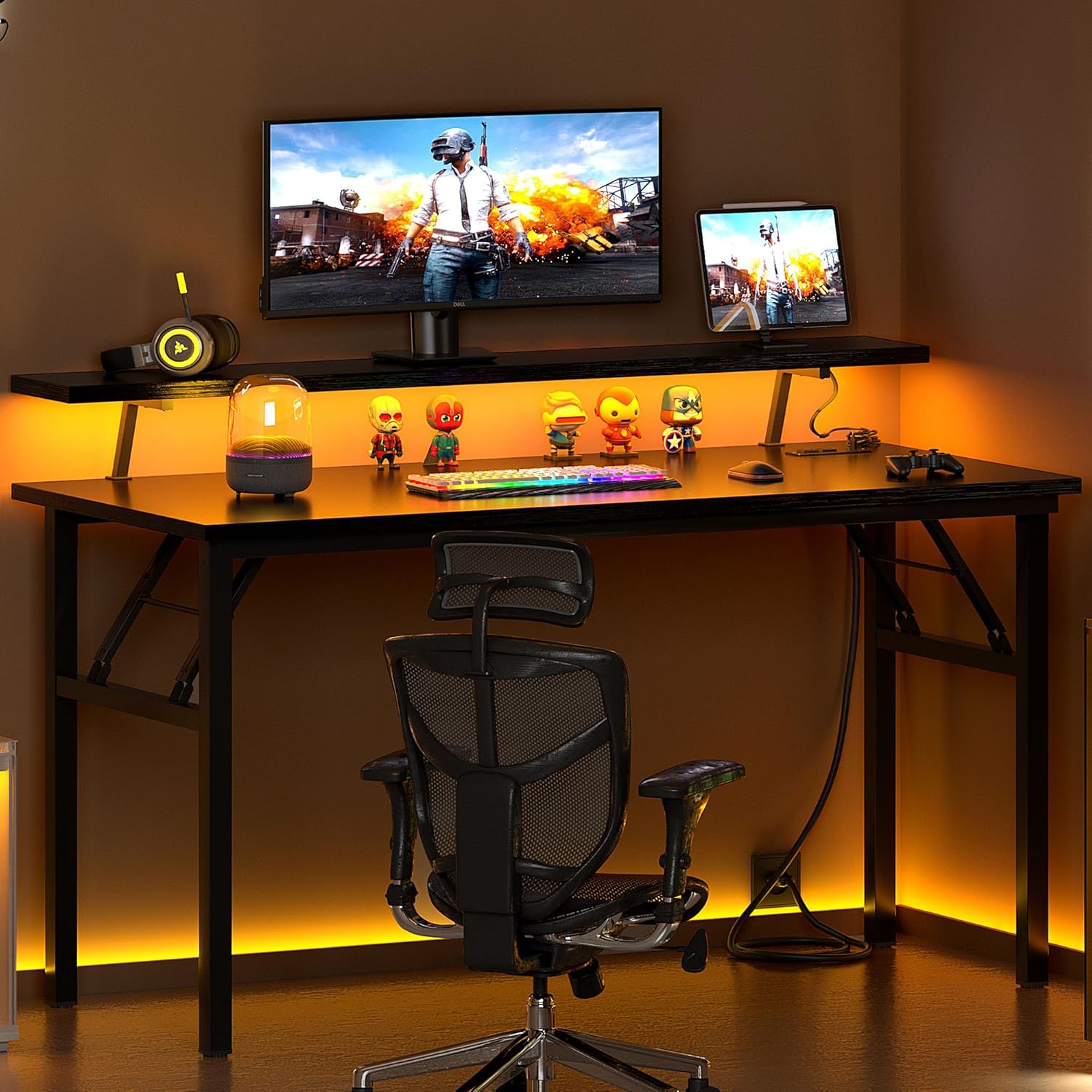 Need 47 Inch Folding Computer Desk with Power Outlets Home Office Table with Monitor Shelf, Cup Holder Gaming Desk with Led Lights & Headphone Holder