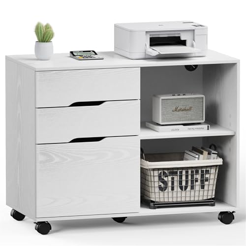 3 Drawer Wood Lateral File Cabinet with Wheels Open Storage Shelves Mobile Versatile Filing Organization Storage Cabinets for Office Home Kids Bedroom Assembly Required Printer Stand White