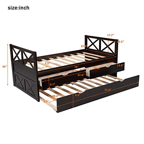 Merax Twin Size Daybed, Wood Twin Daybed with 6 Drawers, Twin Size Platform Bed, Twin Storage Bed Frame, No Box Spring Required, Oak