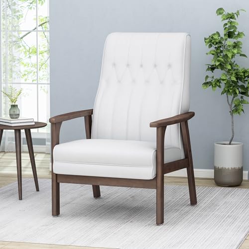 Mid-Century Modern Accent Chair with Faux Leather Upholstery and Angled Wood Legs - Diamond and Channel Stitching - Reception Chair Perfect for Your Living Room, Reception Area (White)