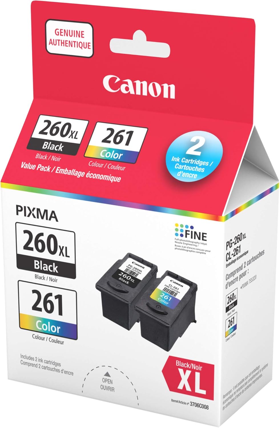 Genuine Canon PG-260XL Black & CL-261 Value Pack
