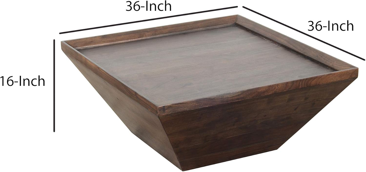 36 Inch Square Shape Acacia Wood Coffee Table with Trapezoid Base, Brown
