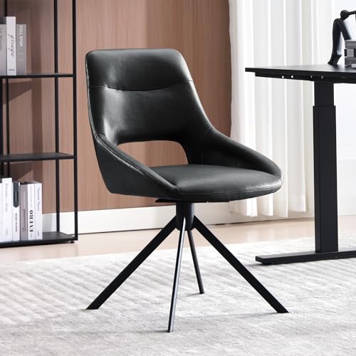 Zesthouse Modern Desk Chair No Wheels, Swivel Vanity Chair with Hollow Back, Armless Home Office Chair for Girls Women, Black Faux Leather Computer Task Chair for Bedroom
