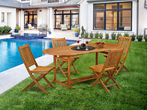 East West Furniture BSDK9CWNA 9-Piece Patio Set-8 Modern Chairs Slatted Back and Outdoor Coffee Table and Round Top with Wood 4 Legs-Natural Oil Finish