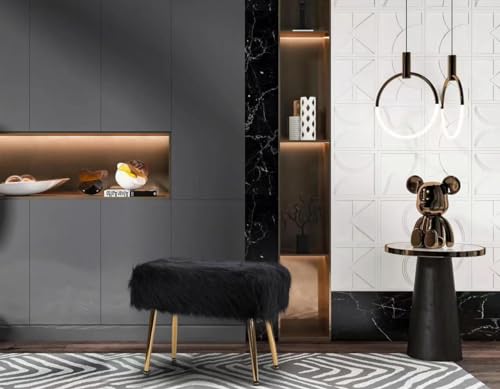 Rectangle Faux Fur Ottoman Bench, Modern Upholstered Vanity Dressing Footstool with Removable Metal Legs Design, Accent Ottoman for Home Decor (Black)