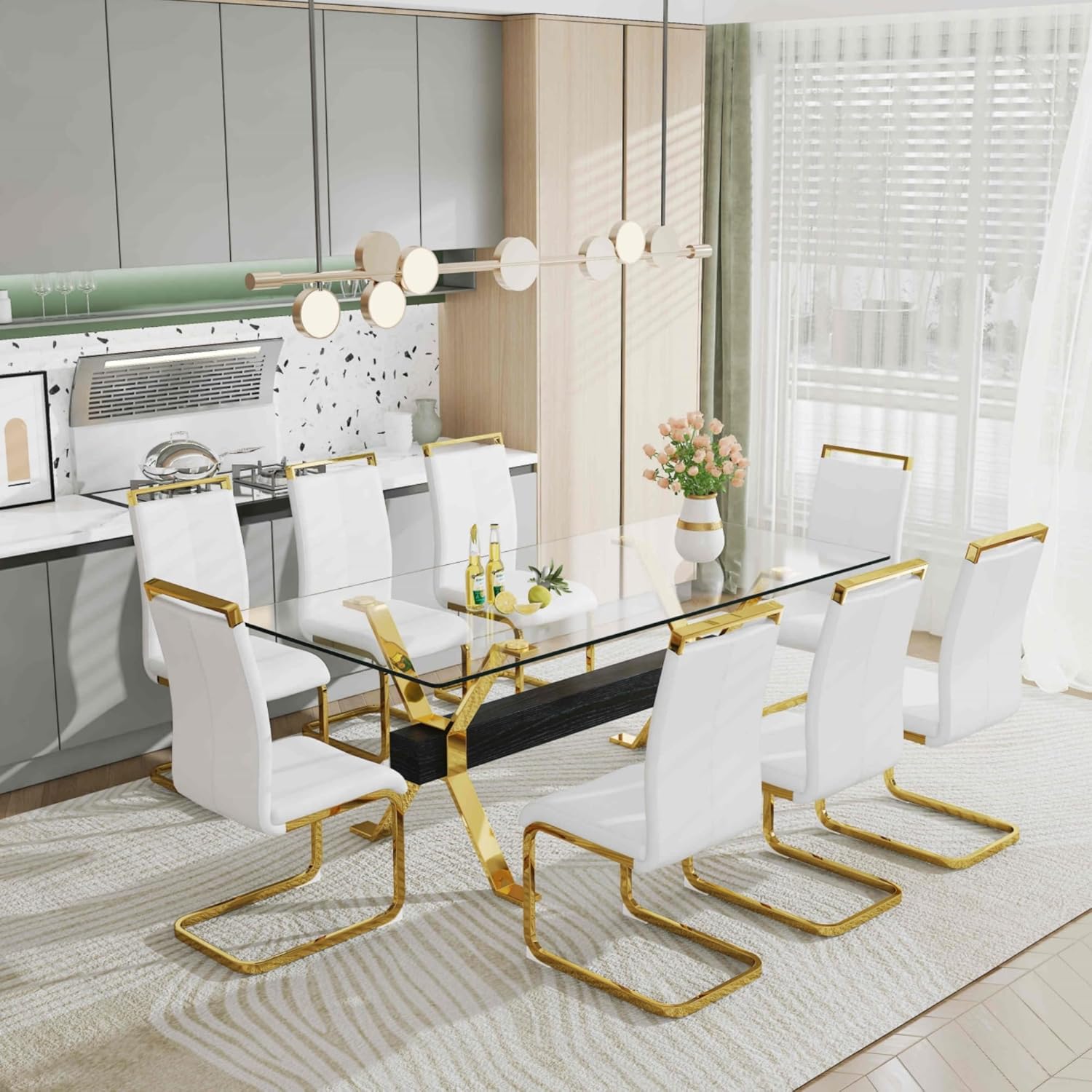 9-Piece Dining Table Set with 8 Soft Cushioned Chairs – Elegant Tempered Glass Table for Kitchen & Dining Room Furniture with Gold-Plated Legs – Stylish and Durable Dining Set