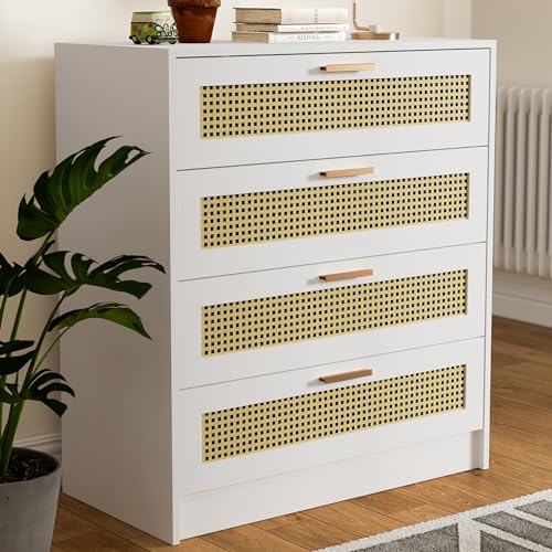 Cozy Castle Boho 4 Drawer Dresser, Wooden Chest of Drawers with Metal Handles, Modern Rattan Dresser for Bedroom, White