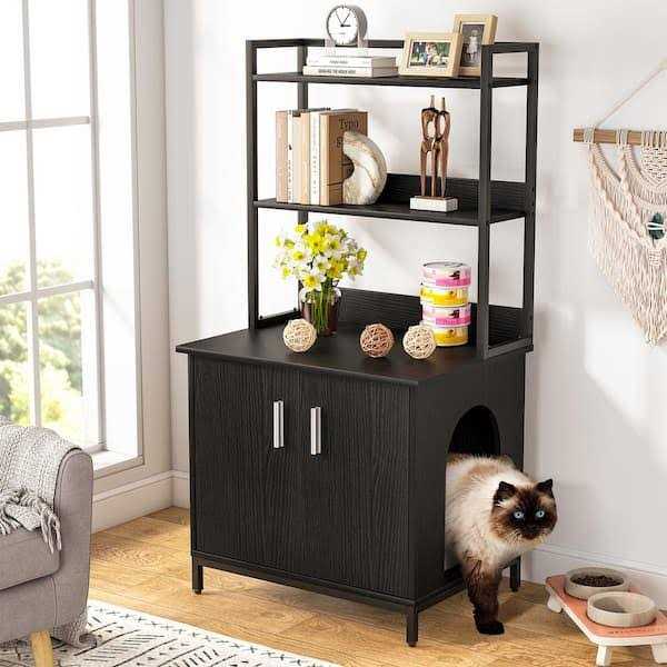 Kellum Black Litter Box Enclosure, Industrial Cat Cabinet with Shelves and Doors - Pet Supplies online store