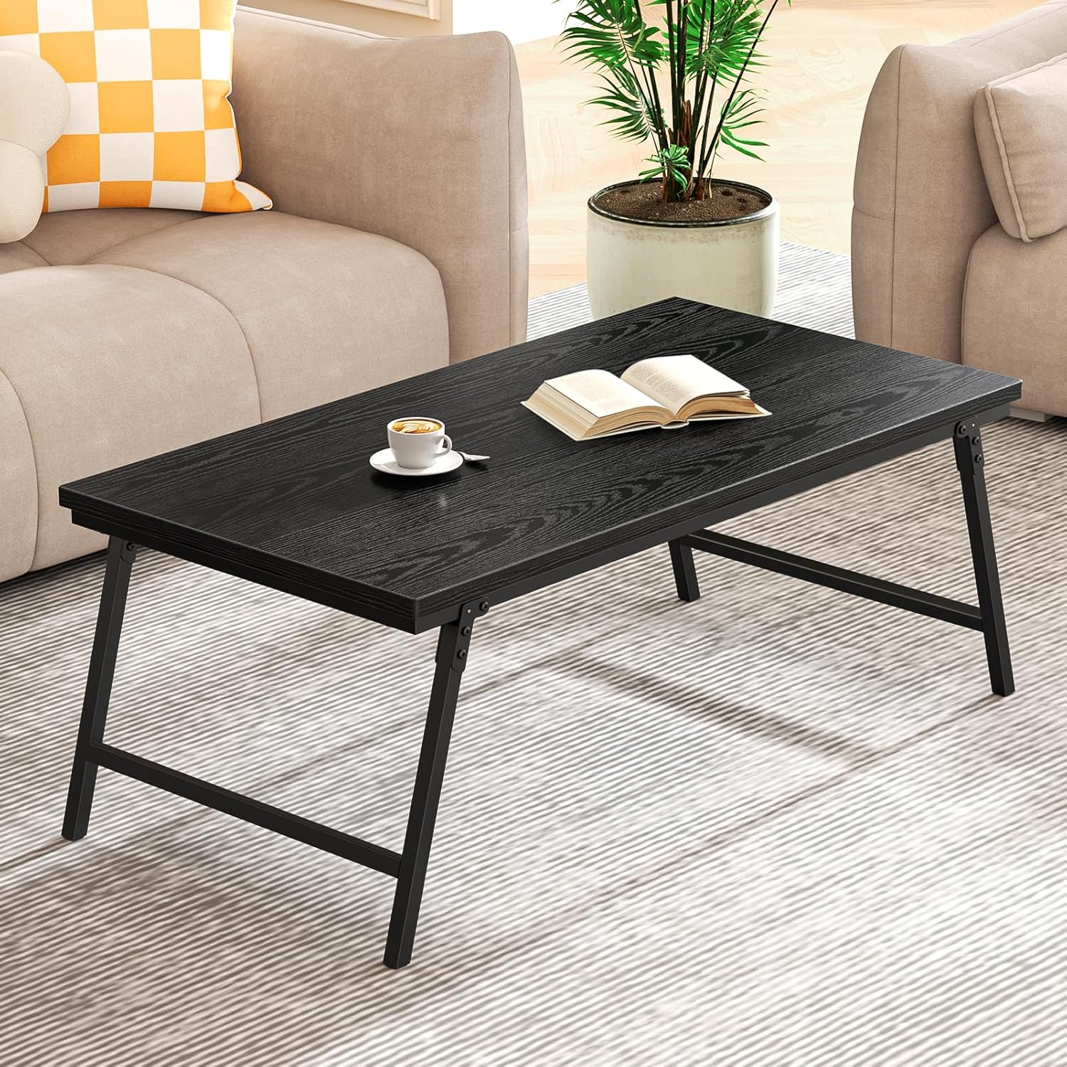 Folding Coffee Table, Farmhouse Coffee Table Leg Latches Portable Sturdy Foldable Coffee Table, No Assembly Floor Table for Living Room, Home, Office, 41.34L×21.65W×15.75H - Black
