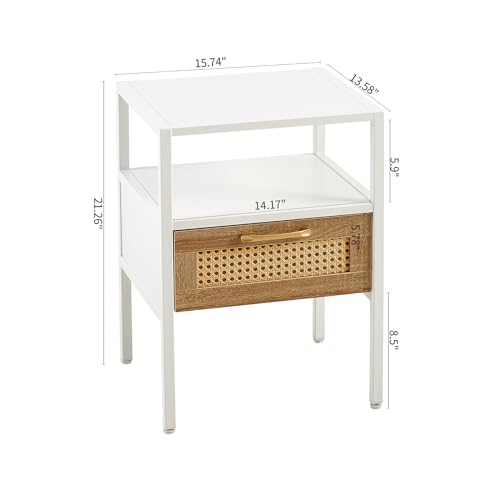 Modern Rattan Nightstand Set of 2,End Table with Drawer & Open Shelf, Freestanding Narrow Side Table for Small Space,Bedside Tables with Storage for Living Room Bedroom Office White