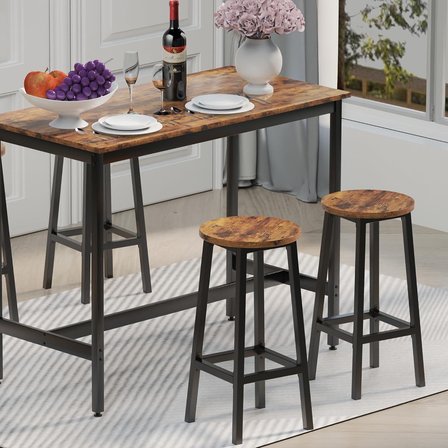 Bar Stools, Set of 2 Bar Stools, Bar Chairs with Footrest, 25.6 Inch Tall, Kitchen Breakfast Bar Stools for Dining Room, Kitchen, Living Room, Kitchen Counter Bar (Rustic Brown and Black)