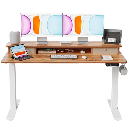 BANTI 48 x 24 Inch Electric Standing Desk with 3 Drawers, Adjustable Height Stand Up Desk, Sit Stand Home Office Desk with Storage Shelf, Rustic Brown Top