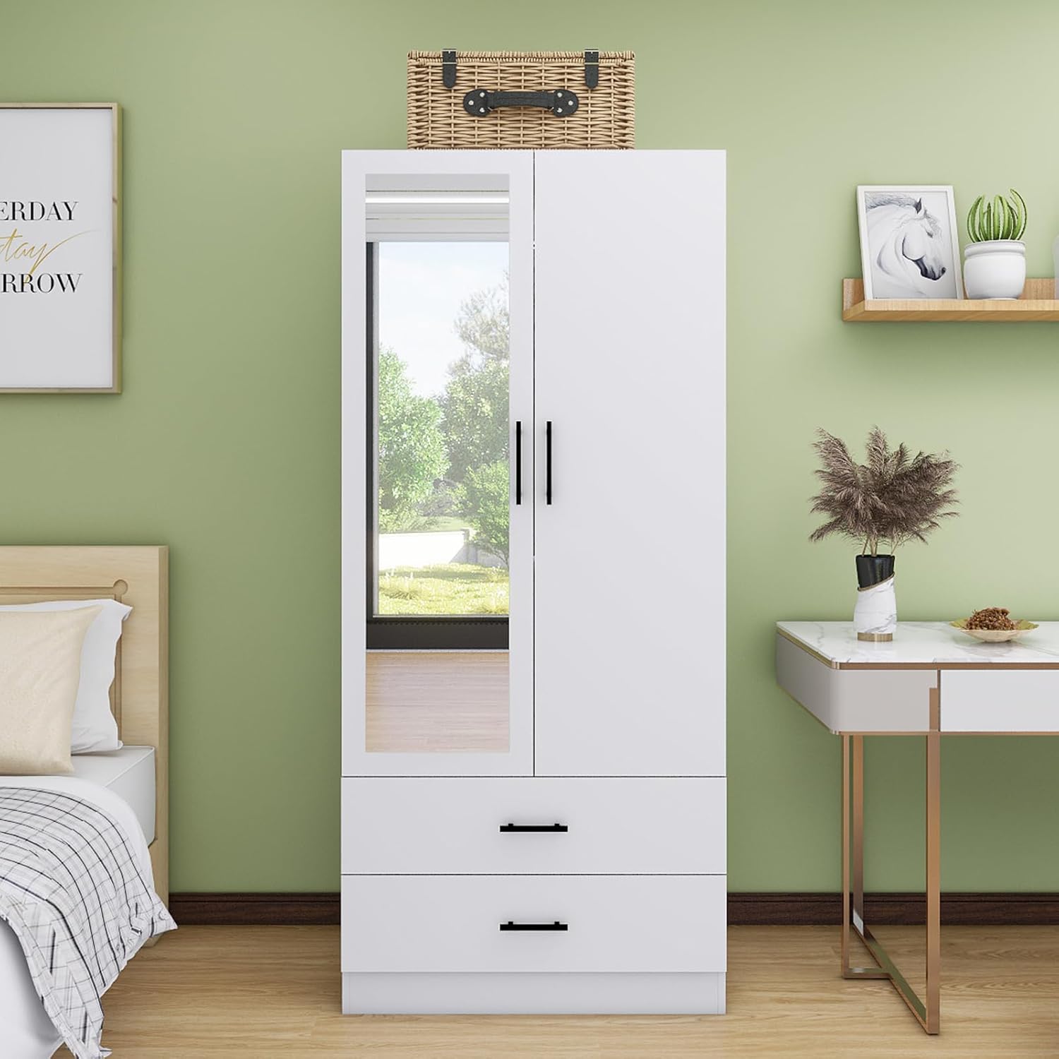 White Armoire Wardrobe Closet, Wardrobe Closet with 2 Drawers and 2 Doors, Wardrobe Cabinet with Mirror and Black Handles for Bedroom 31.5''Wx 18.9''D x 70.87''H