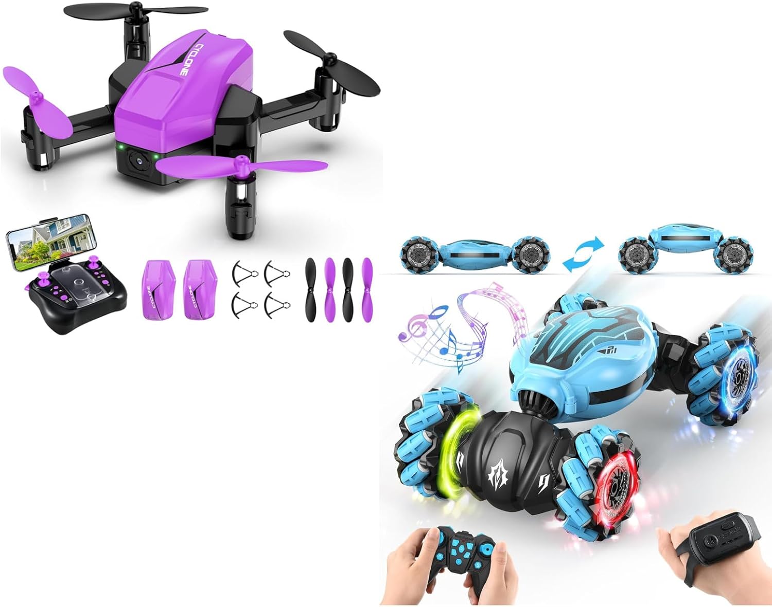 ATTOP Mini Drone with 1080P Camera for Kids and Gesture Sensing RC Stunt Car, Foldable FPV Drone for Kids 8-12 Pocket RC Quadcopter, Voice Control, 3 Speed Modes, 4WD 2.4GHz Remote Control Car