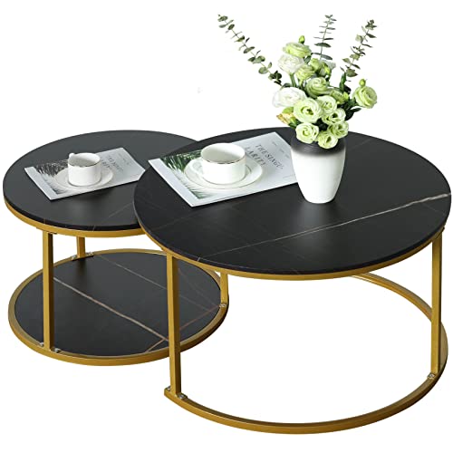 Nesting coffee table 2 sets, marble look wood side table, sturdy gold frame modern round coffee table for living room balcony office round table, easy to assemble(Black+black)