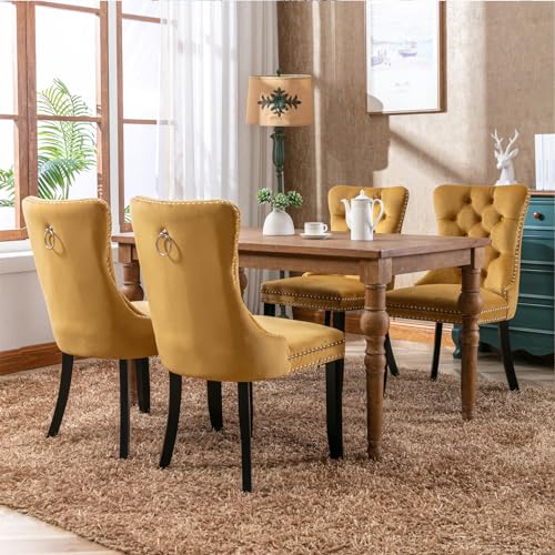 Velvet Dining Chairs Set of 4,Upholstered Dining Chairs with Ring Pull Trim and Button Back,Modern Seating for Kitchen, Bedroom & Living Room(Grey)