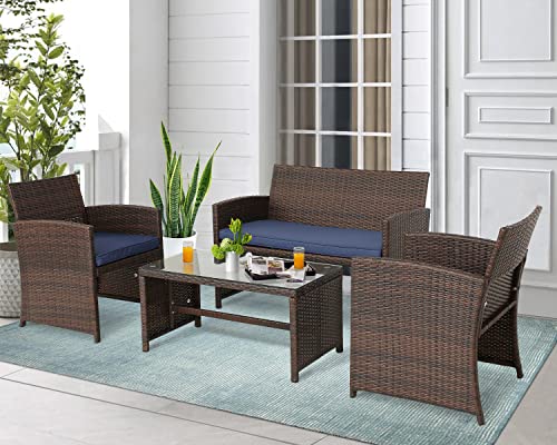 4 Pieces Outdoor Furniture Set PE Wicker Ratten Chairs Set Conversation Set Balcony Furniture with Cushion and Table for Backyard, Garden, Porch and Poolside (Dark Blue)