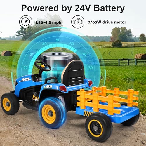 ANPABO 24V Ride On Tractor w/Tiltable & Detachable Trailer, EVA Tires, Up to 4.3Mph, Ride On Toys with Parental Remote, Realistic Tractor Sound & Chimney, Music Player, LED Light, Blue