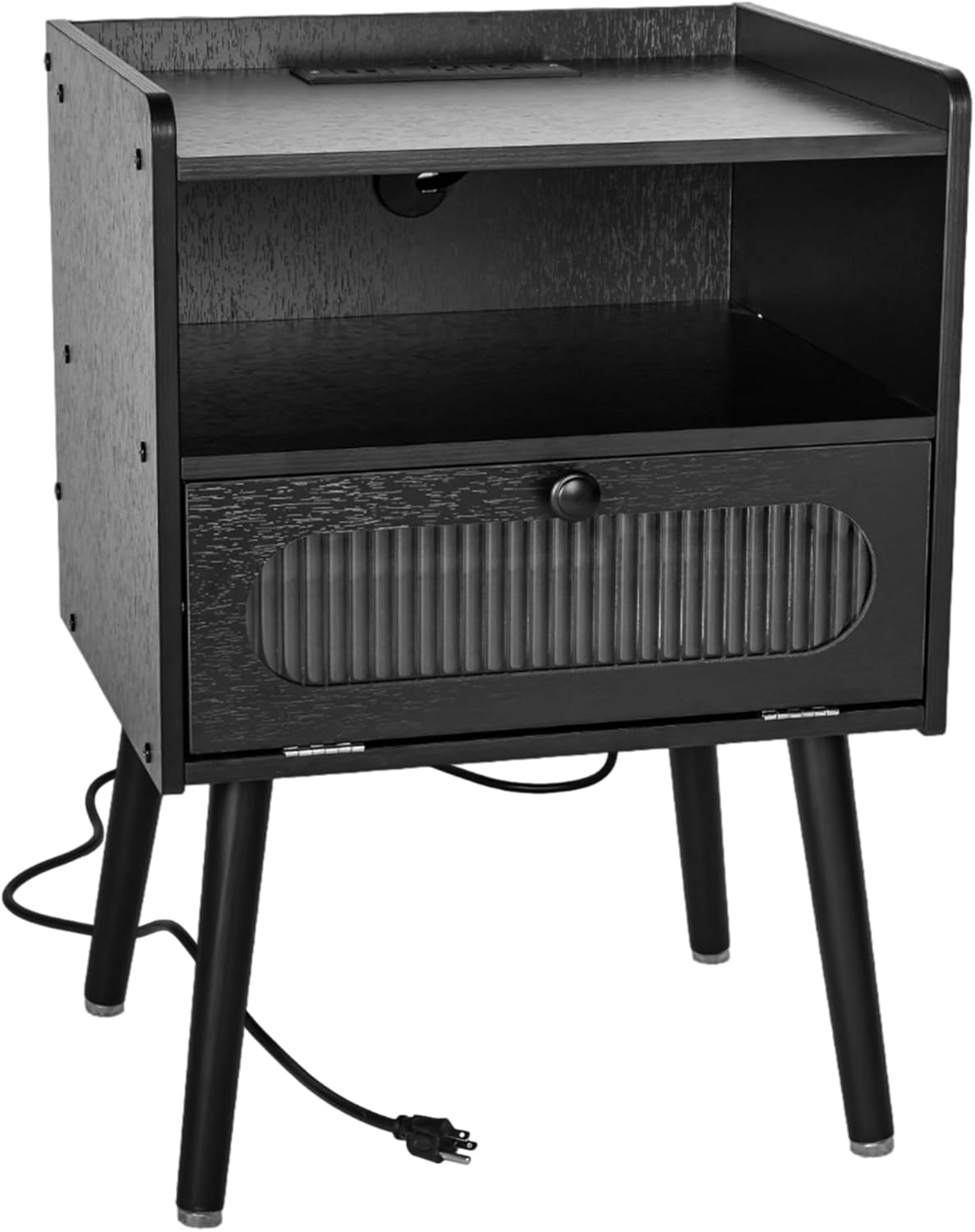 Mid Century Modern Nightstand with Charging Station, Bedside Tables with Glass Decorative Door, End Table Side Table with 2 Tiers Storage Space, for Bedroom, Living Room(1pcs)