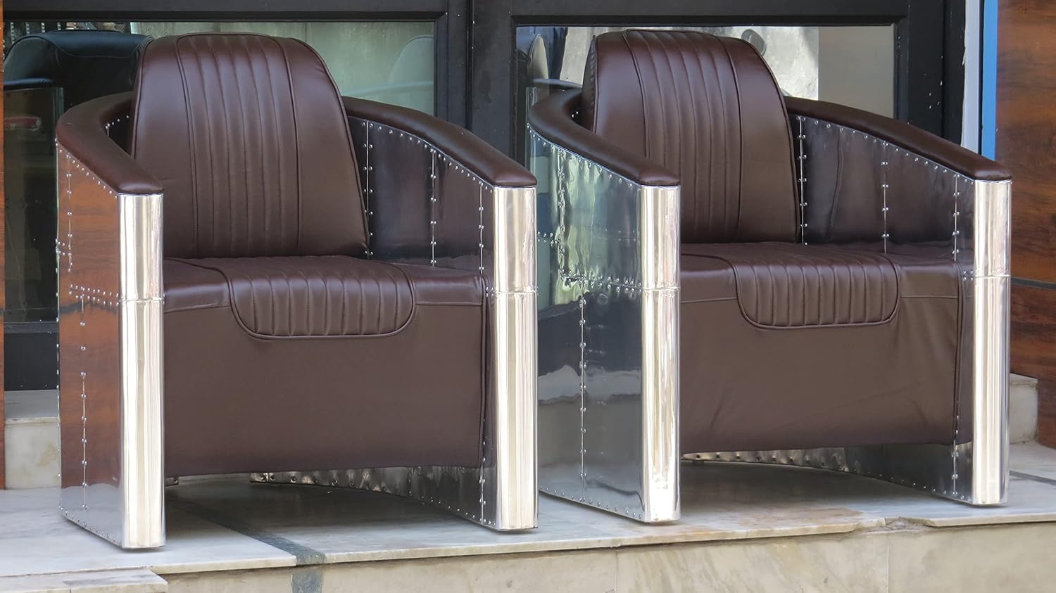 NauticalMart Vintage Look Brown Leather Aluminum Chair Set of Two