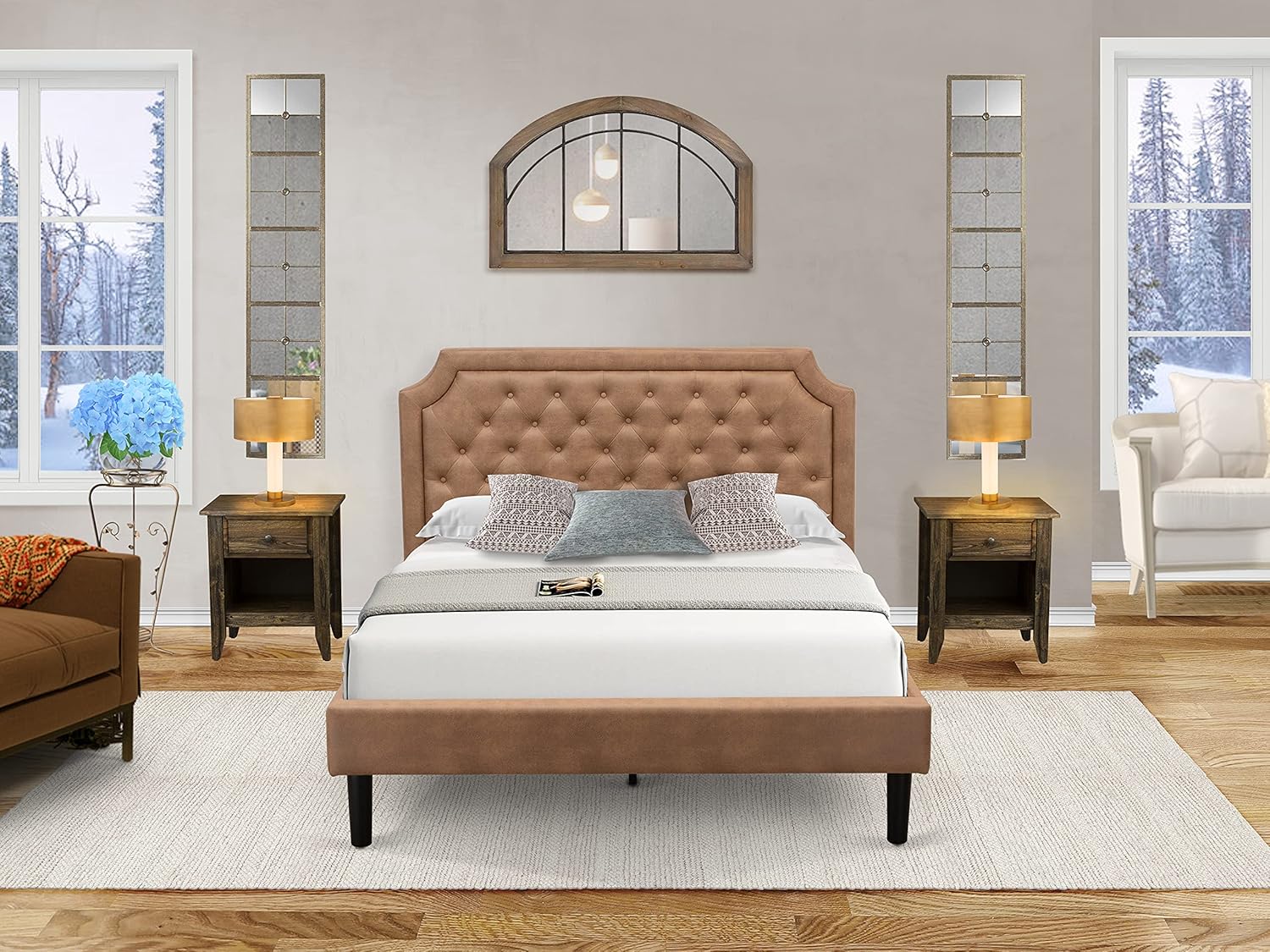 East West Furniture Granbury 3-Piece Platform Set with Button Tufted Queen Size Bed and 2 Distressed Jacobean End Tables for Bedroom-Brown Faux Leather Texture and Black Legs