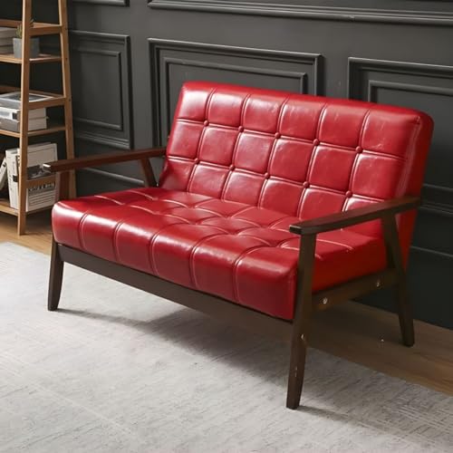 Modern Mid-Century Modern Faux Leather Loveseat Sofa, with Tufted Back in Solid Color for Living Room, Apartment and Small Space, Black Oiled Leather 55