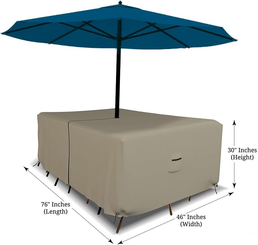 Covers & all Rectangle Table & Chair Set Cover, Umbrella Hole, 12 Oz Waterproof UV & Weather Resistant, Patio Lawn Garden Backyard Furniture, Air Vents & Drawstrings (76''L x 46''W x 30''H, Beige)