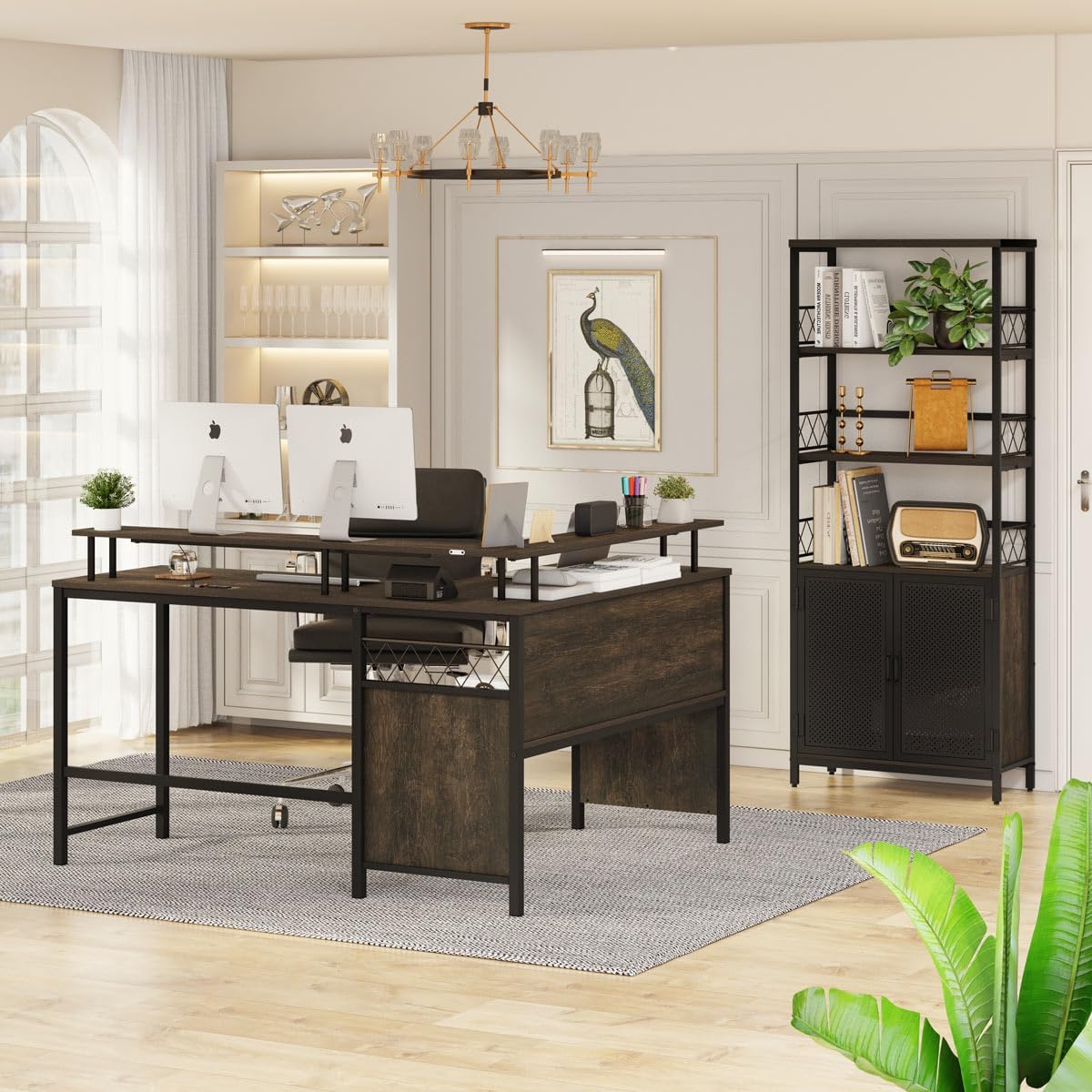 Bookshelf with Doors and L Shaped Computer Desk Set, Bookcase with Doors and Reversible L Desk with Power Outlets and LED Lights, Book Shelf and Home Office Desks with Storage (Walnut Brown)