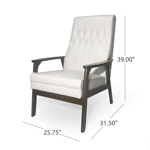 Mid-Century Modern Accent Chair with Faux Leather Upholstery and Angled Wood Legs - Diamond and Channel Stitching - Reception Chair Perfect for Your Living Room, Reception Area (White)