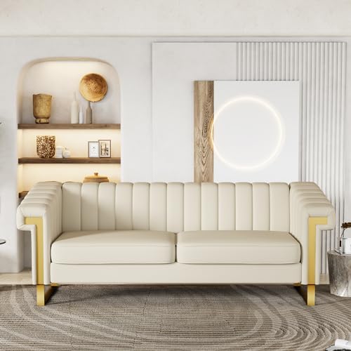 Chesterfield 3 Seater Faux Leather Sofa, Upholstered Couch with Removable Cushions and Gold Metal Legs for Living Room Office Apartment (PU Leather, Black), M76S00014