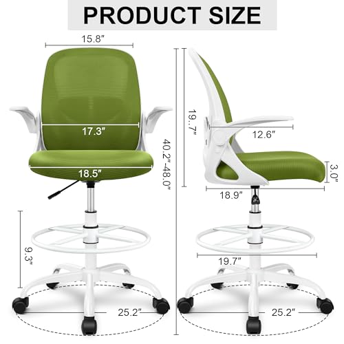 Primy Drafting Chair Tall Office Chair with Flip-up Armrests Executive Ergonomic Computer Standing Desk Chair with Lumbar Support and Adjustable Footrest Ring (AvocadoGreen)