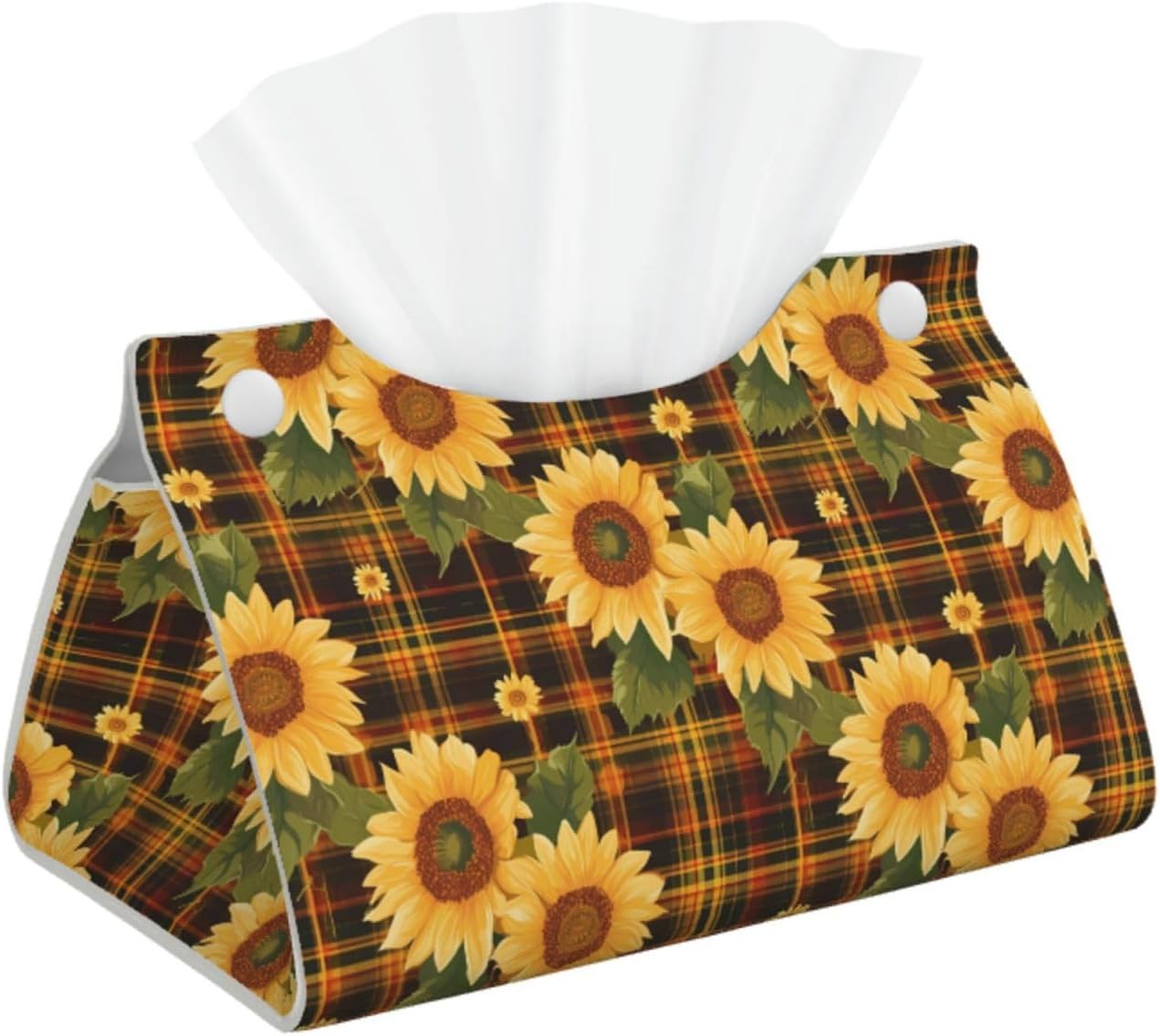 Leather Tissue Box Cover - Yellow Black Plaid Sunflower Long PVC Tissue Box Holder for Bedside Tables, Dining Desks, Tables, Modern Tissue Holder Cover for Bedroom, Office, Living Room Decor