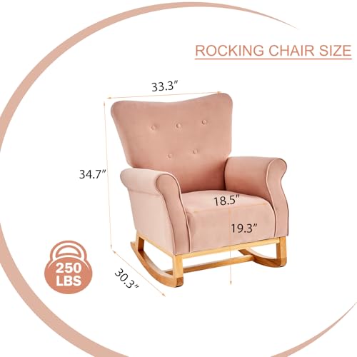 Nursery Rocking Chairs, Upholstered Velvet Nursery Glider Rocker with Comfy Armrest, Accent Nursing Rocking Chair with Solid Wood Legs for Baby Nursery (Pink)