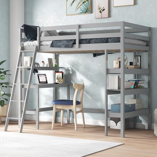 KOTEK Twin Loft Bed with Desk & Storage Shelves, Solid Wood Loft Bed Frame with Bookcase, Ladder, Guardrails, Twin Size Loft Bed for Kids, Teens, Drom, Apartment (White)