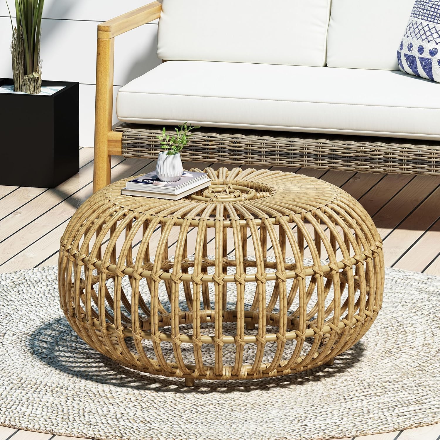 Round Rattan Coffee Table, Boho Wicker Rattan Coffee Table, All-Weather and Rust Resistant for Living Room Patio, Poolside, Garden, Yard (Coffee Table)