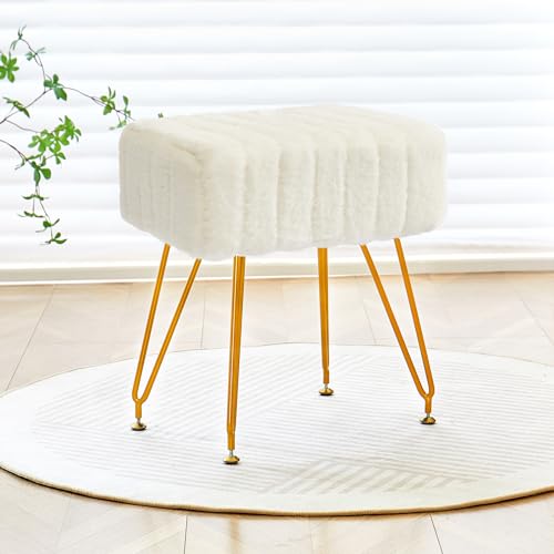 Rectangular Vanity Stool, Faux Fur Makeup Vanity Chair with Golden Metal Legs & Adjustable Feet, Soft Padded Seat Ottoman Foot Stool for Bedroom, Living Room